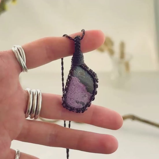 Handmade Stichtite macramé necklace showing natural gemstone details, texture and shine
