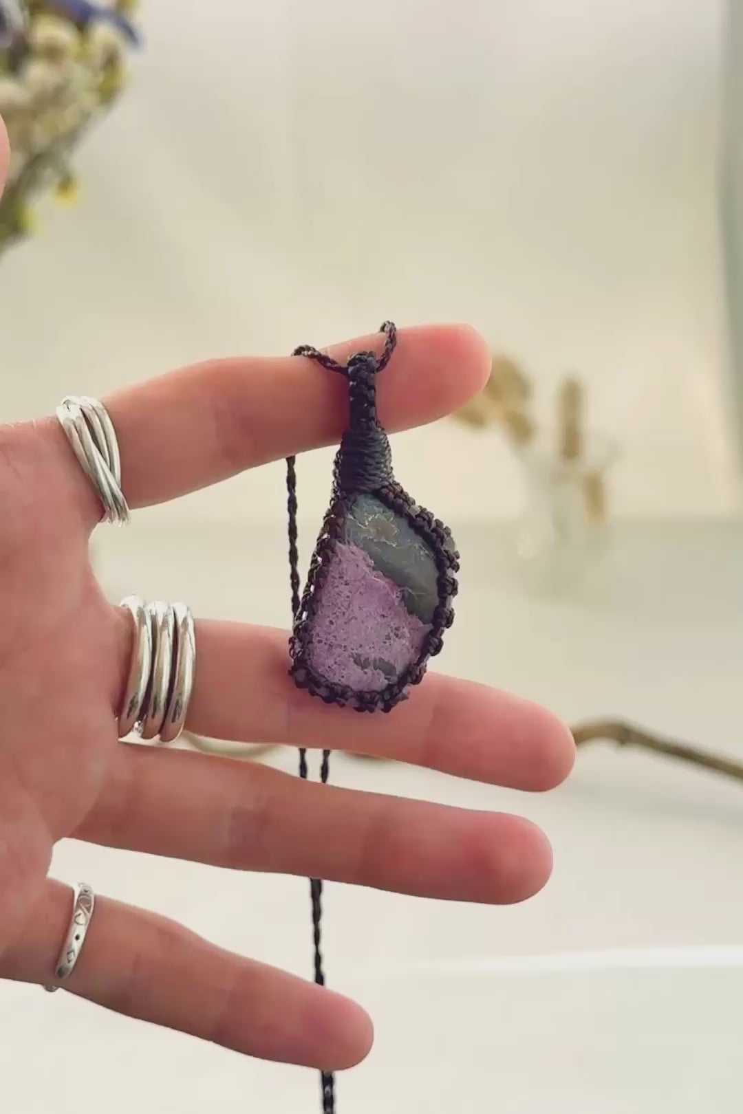 Handmade Stichtite macramé necklace showing natural gemstone details, texture and shine