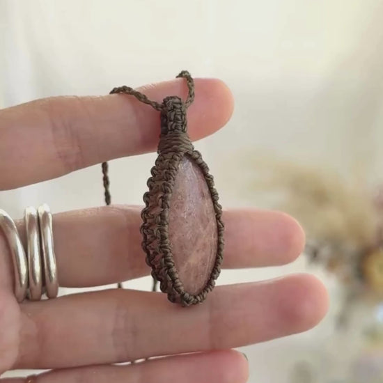 Video of the handmade Sunstone Macrame necklace, highlighting the vibrant tones of the gemstone and the lightweight, minimalist macrame design.