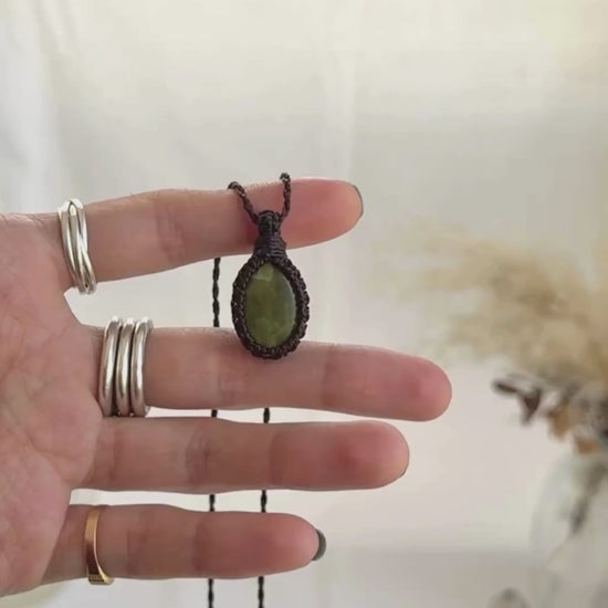 Video of the handmade Vesuvianite Macrame necklace, highlighting the vibrant tones of the gemstone and the lightweight, minimalist macrame design.