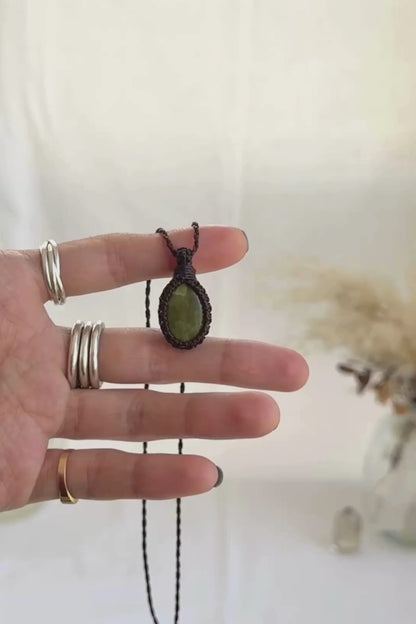 Video of the handmade Vesuvianite Macrame necklace, highlighting the vibrant tones of the gemstone and the lightweight, minimalist macrame design.
