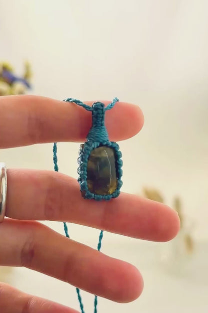 Handmade Labradorite macramé necklace showing natural gemstone details, texture and shine