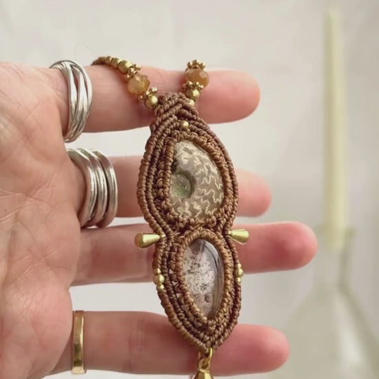 Rare ammonite and lodolite necklace showing iridescence, “landscape” inclusions, and sparkling rutilated quartz beads