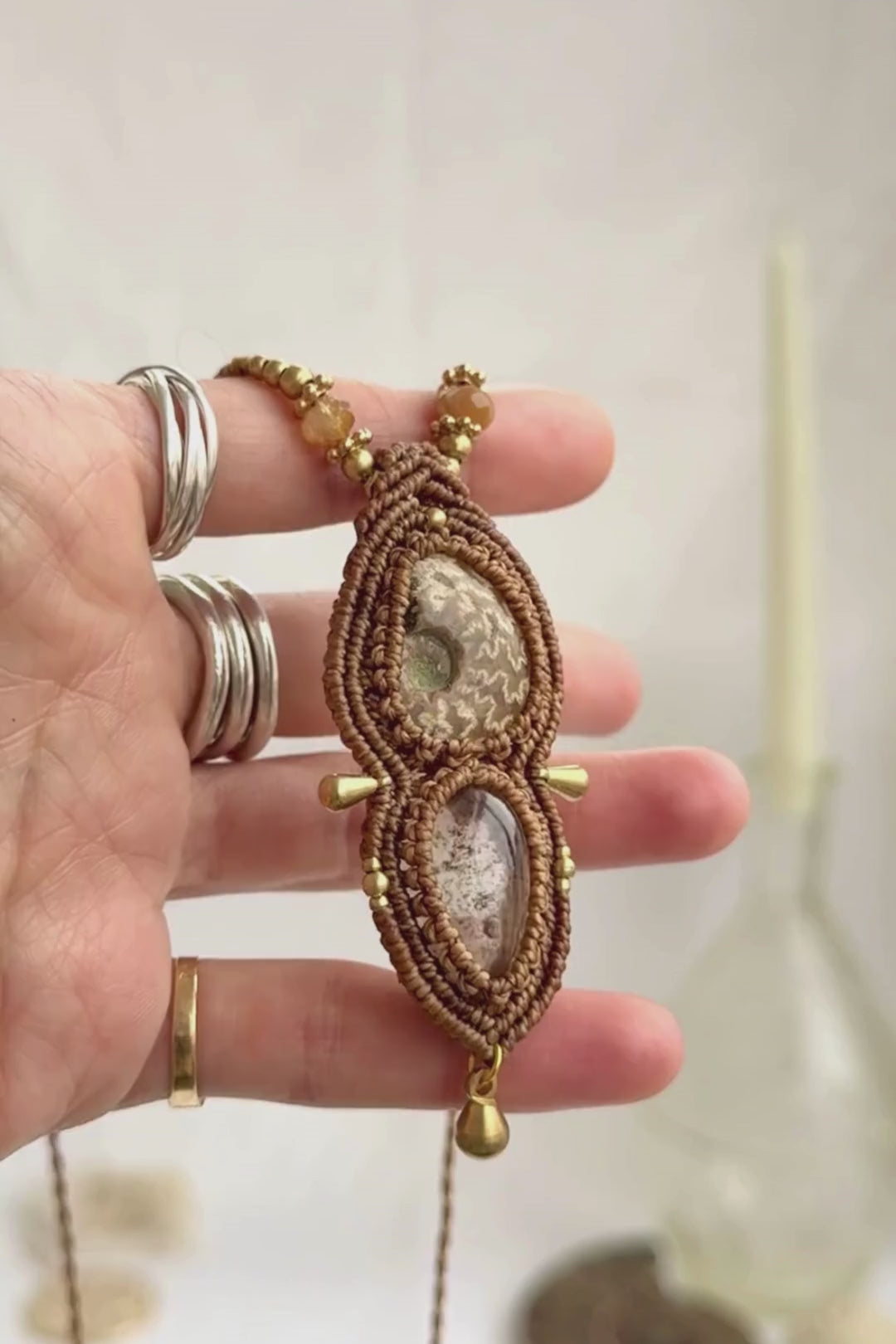 Rare ammonite and lodolite necklace showing iridescence, “landscape” inclusions, and sparkling rutilated quartz beads