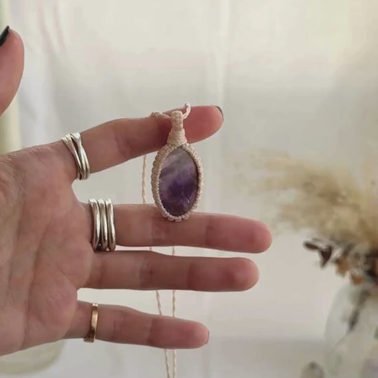 Video of the handmade Chevron Amethyst Macrame necklace, highlighting the vibrant tones of the gemstone and the lightweight, minimalist macrame design.