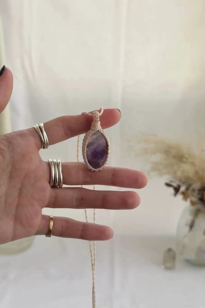 Video of the handmade Chevron Amethyst Macrame necklace, highlighting the vibrant tones of the gemstone and the lightweight, minimalist macrame design.