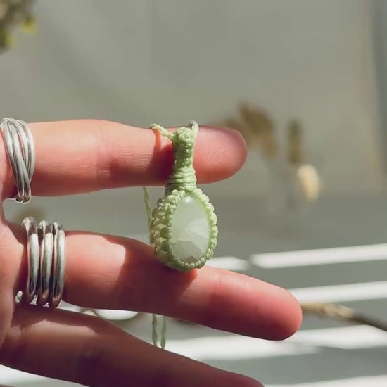 Handmade Moonstone macramé necklace showing natural gemstone details, texture and shine