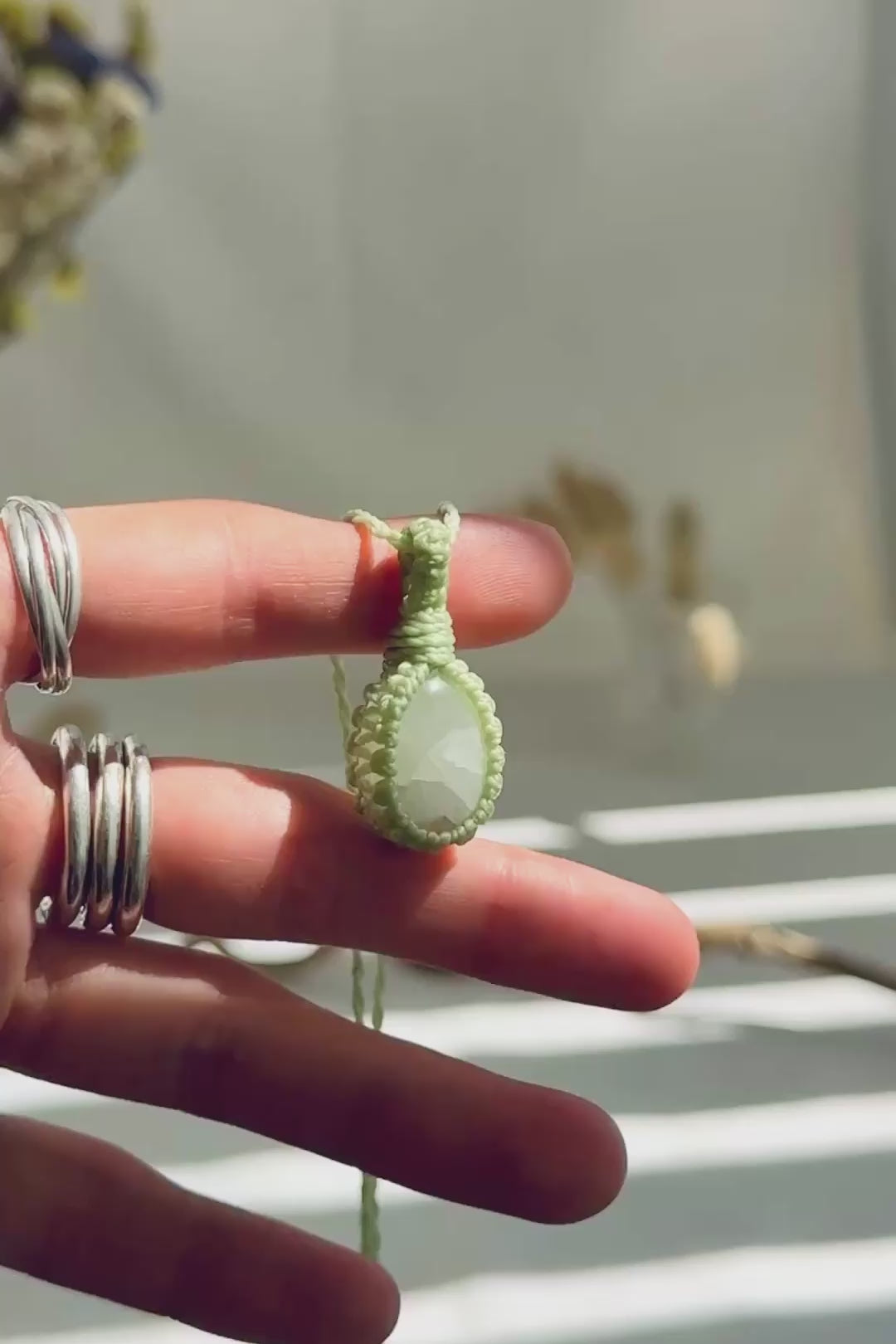 Handmade Moonstone macramé necklace showing natural gemstone details, texture and shine