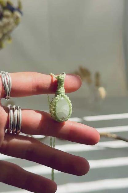 Handmade Moonstone macramé necklace showing natural gemstone details, texture and shine