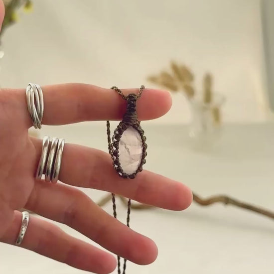 Handmade Rose Quartz macramé necklace showing natural gemstone details, texture and shine