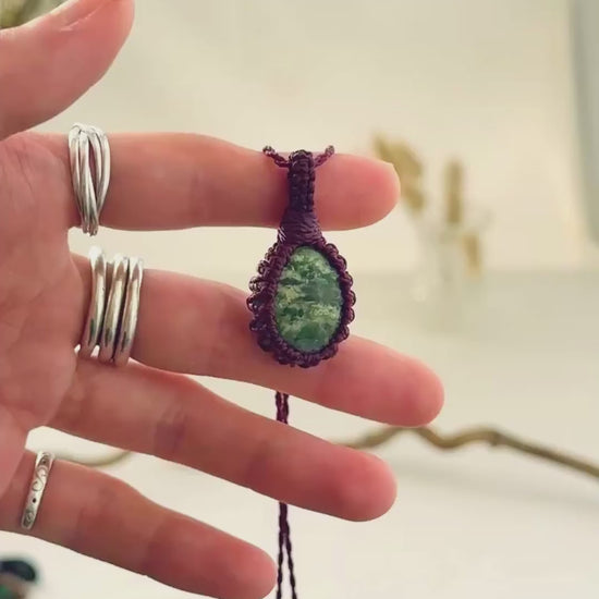 Handmade Ruby Fuchsite macramé necklace showing natural gemstone details, texture and shine