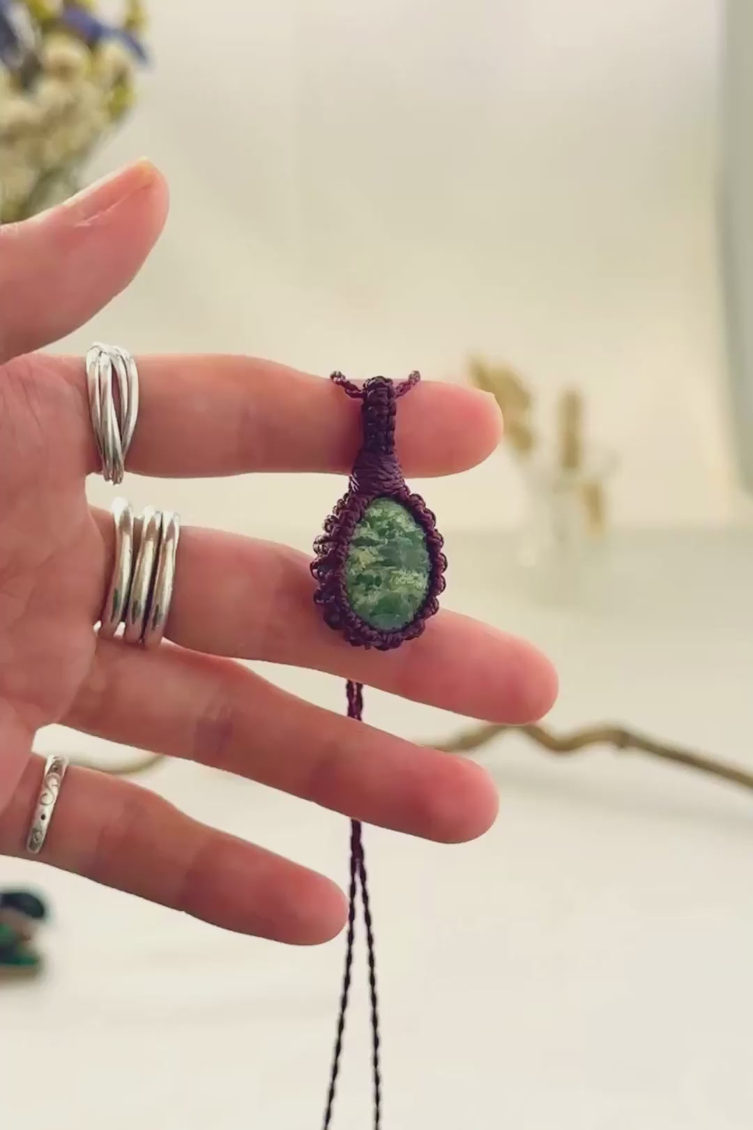 Handmade Ruby Fuchsite macramé necklace showing natural gemstone details, texture and shine