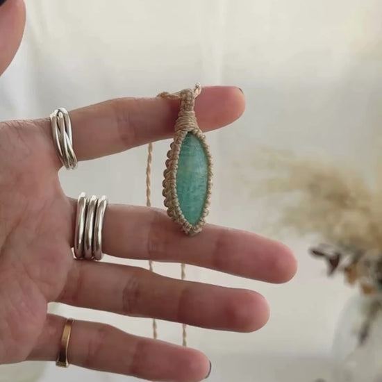 Video of the handmade Amazonite Macrame necklace, highlighting the vibrant tones of the gemstone and the lightweight, minimalist macrame design.