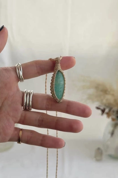 Video of the handmade Amazonite Macrame necklace, highlighting the vibrant tones of the gemstone and the lightweight, minimalist macrame design.