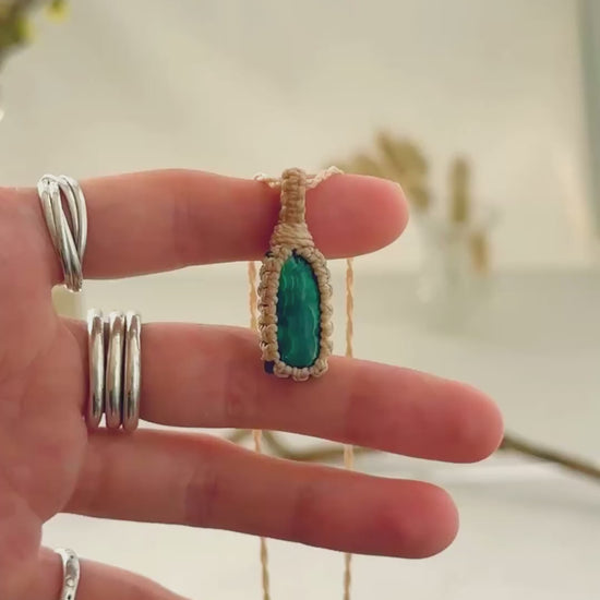 Handmade Malachite macramé necklace showing natural gemstone details, texture and shine