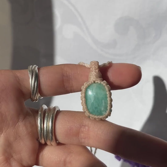 Video of the handmade Amazonite Macrame necklace, highlighting the deep blue tones of the gemstone and the lightweight, minimalist macrame design.
