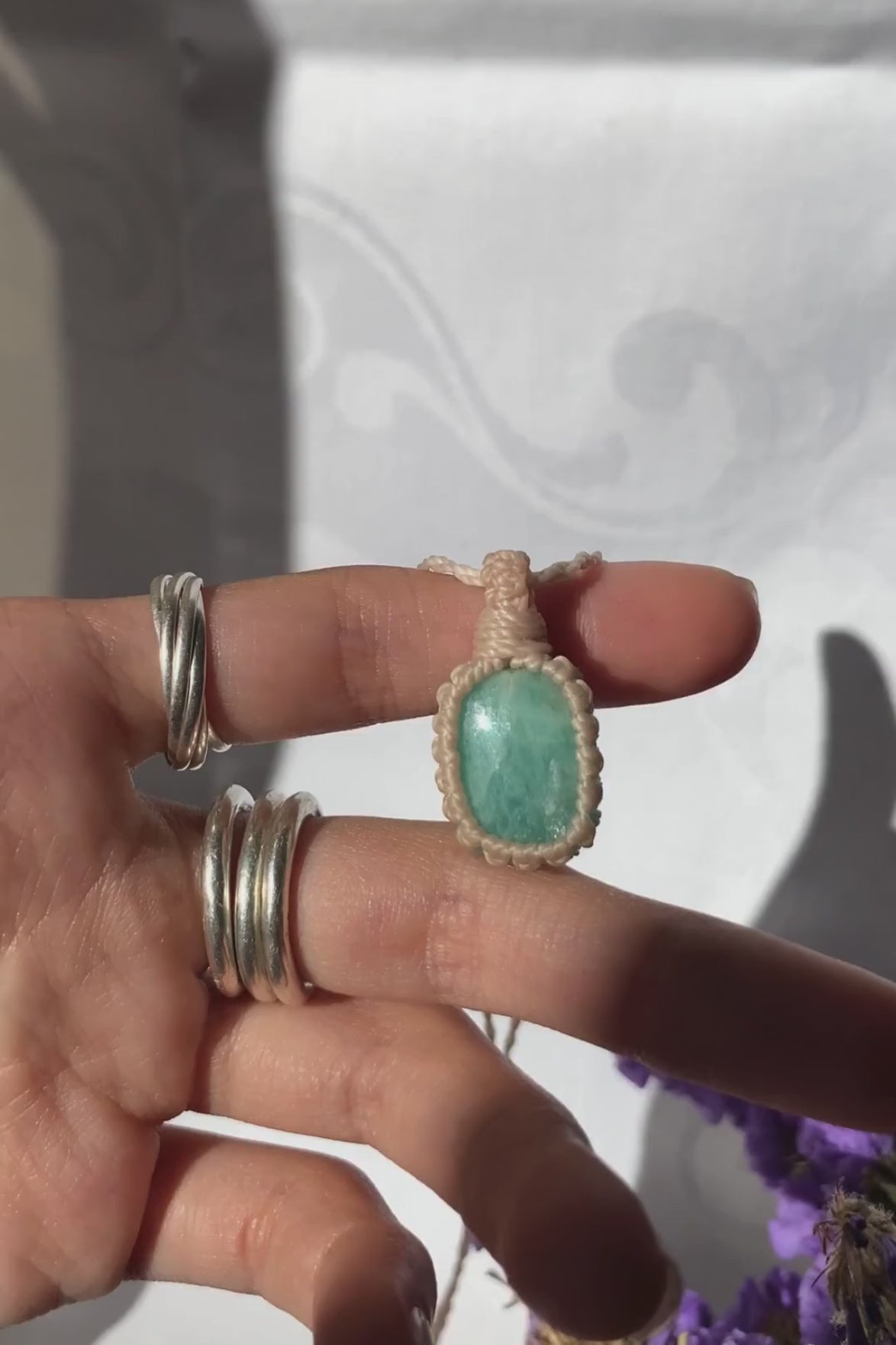 Video of the handmade Amazonite Macrame necklace, highlighting the deep blue tones of the gemstone and the lightweight, minimalist macrame design.