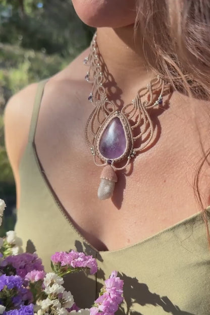 Handmade Ametrine and Cactus Quartz, Statement V- Shaped Necklace