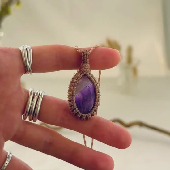 Handmade Chevron Amethyst macramé necklace showing natural gemstone details, texture and shine