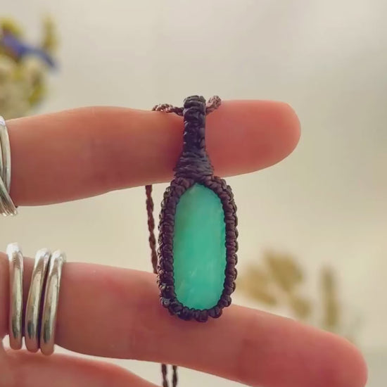 Handmade Amazonite macramé necklace showing natural gemstone details, texture and shine
