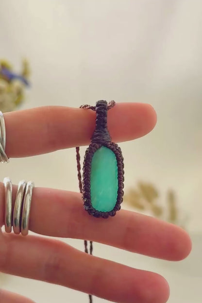 Handmade Amazonite macramé necklace showing natural gemstone details, texture and shine