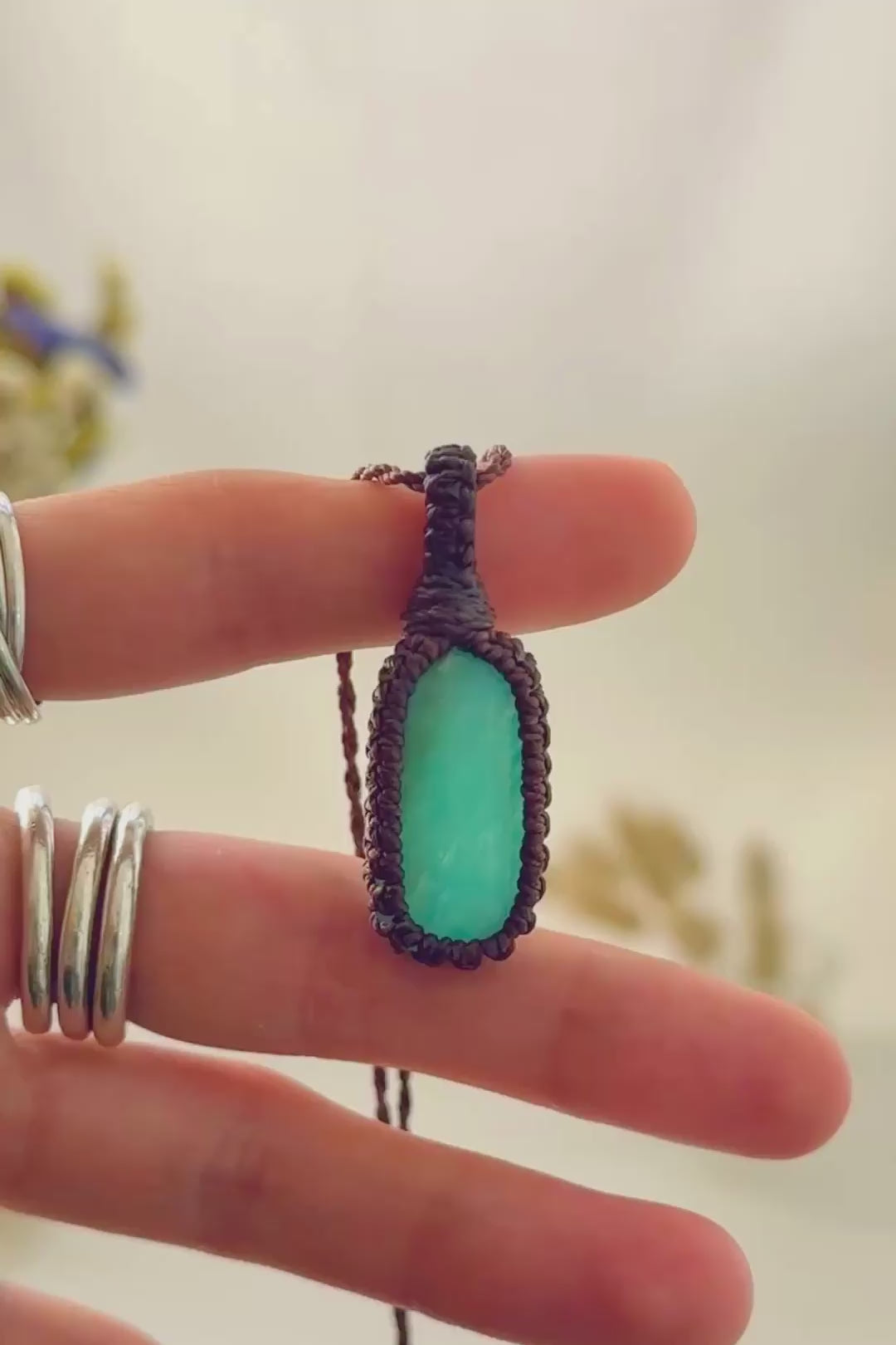 Handmade Amazonite macramé necklace showing natural gemstone details, texture and shine