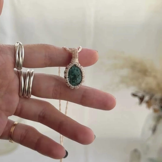 Video of the handmade Turquoise Macrame necklace, highlighting the vibrant tones of the gemstone and the lightweight, minimalist macrame design.