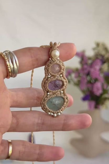 Handmade Minimal Triple Gemstone Pendant Necklace with Pearl, Rose Quartz, Amethyst and Aquamarine