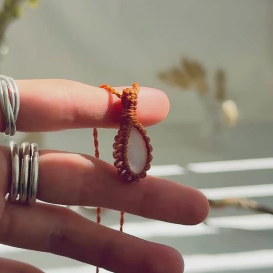Handmade Moonstone macramé necklace showing natural gemstone details, texture and shine