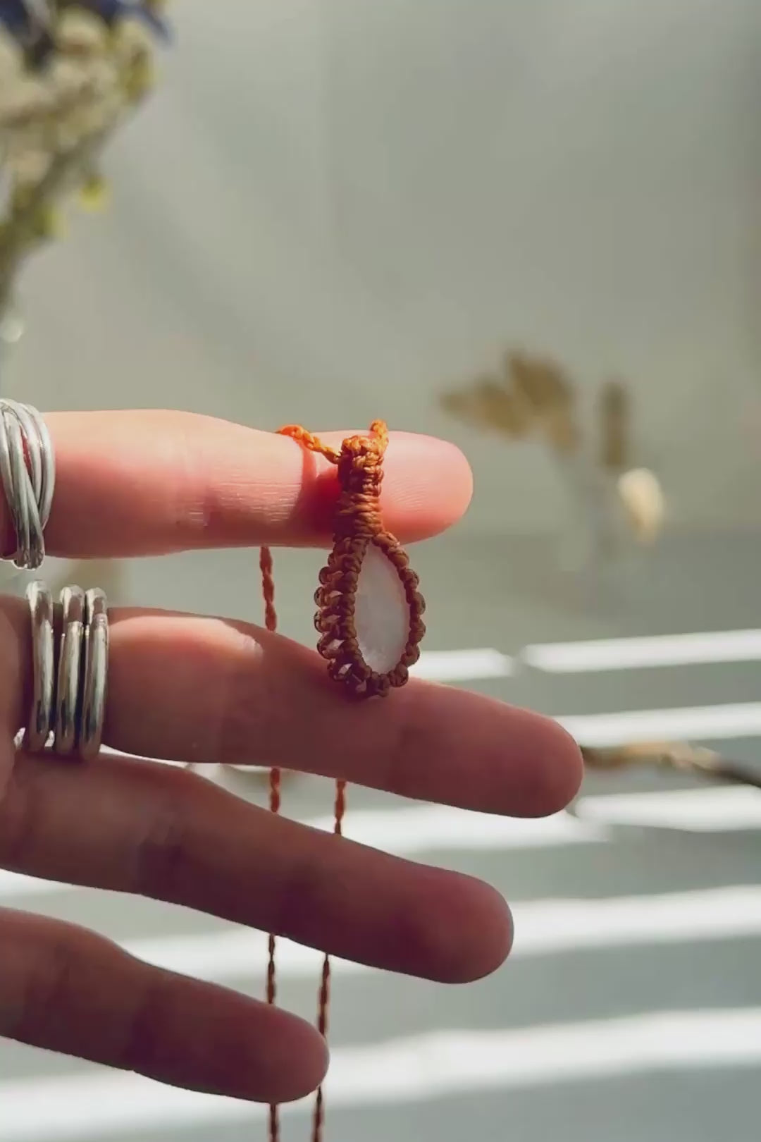 Handmade Moonstone macramé necklace showing natural gemstone details, texture and shine