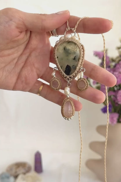 Handmade Faceted Prehnite Statement Necklace with Rose Quartz and Freshwater Pearls