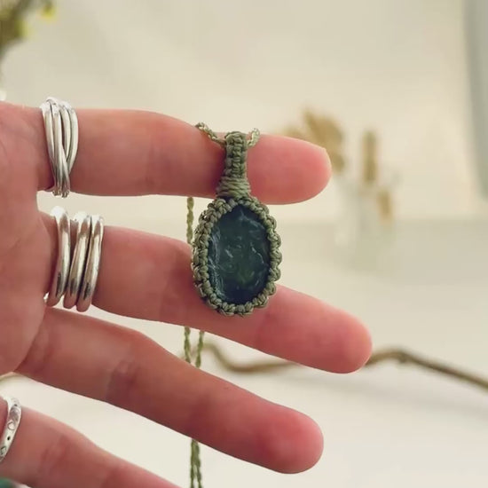 Handmade Seraphinite macramé necklace showing natural gemstone details, texture and shine