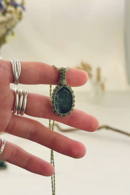 Handmade Seraphinite macramé necklace showing natural gemstone details, texture and shine
