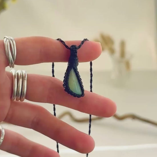 Handmade Chrysoprase macramé necklace showing natural gemstone details, texture and shine