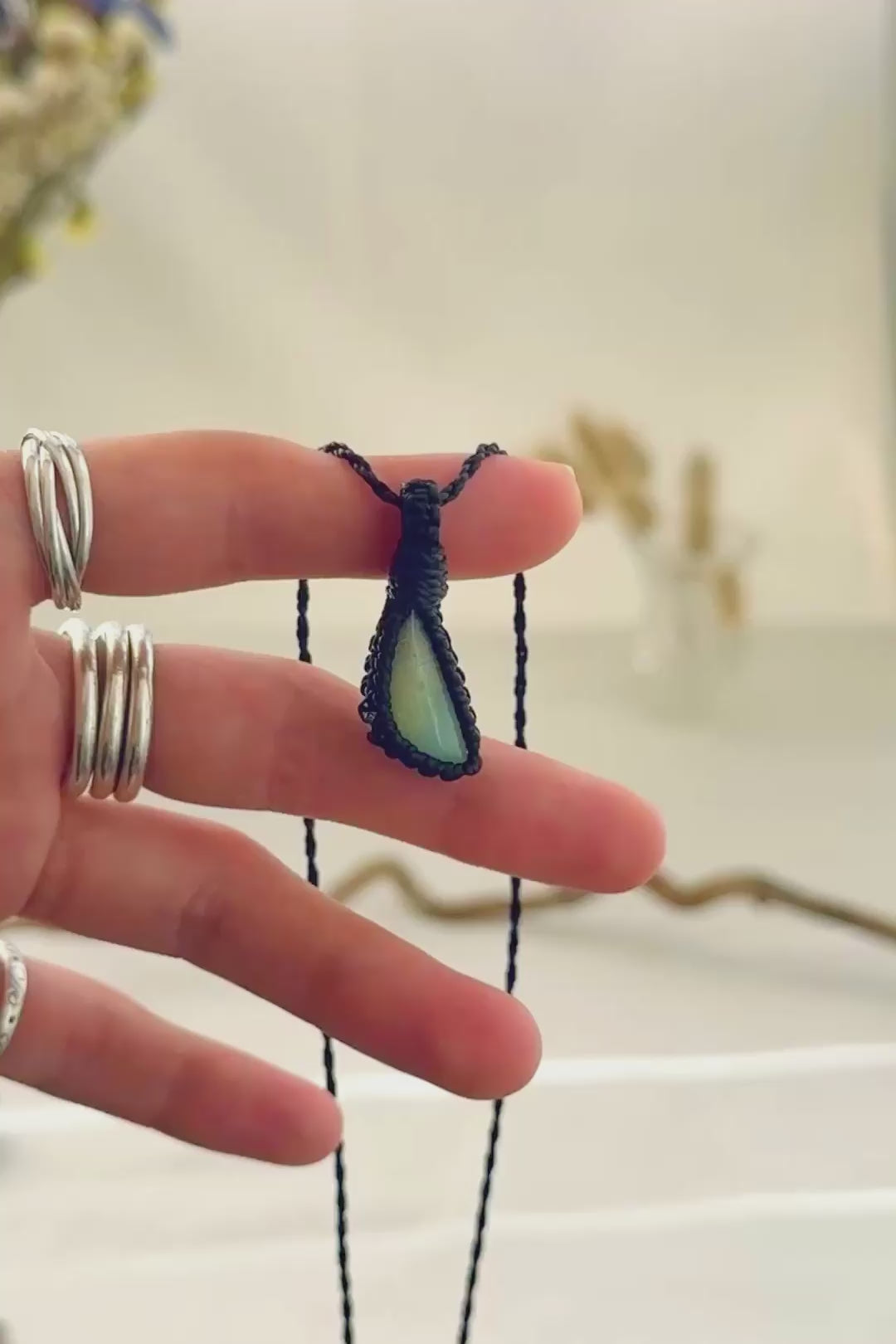 Handmade Chrysoprase macramé necklace showing natural gemstone details, texture and shine