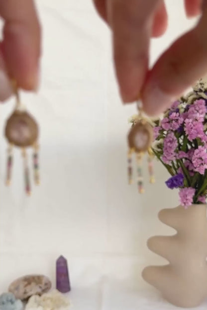 Handmade Rose Quartz and Multicolor Tourmaline Cascade Hoop Earrings
