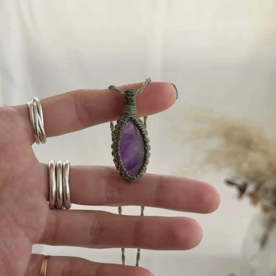 Video of the handmade Amethyst Macrame necklace, highlighting the vibrant tones of the gemstone and the lightweight, minimalist macrame design.