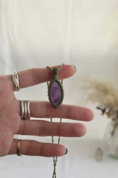 Video of the handmade Amethyst Macrame necklace, highlighting the vibrant tones of the gemstone and the lightweight, minimalist macrame design.