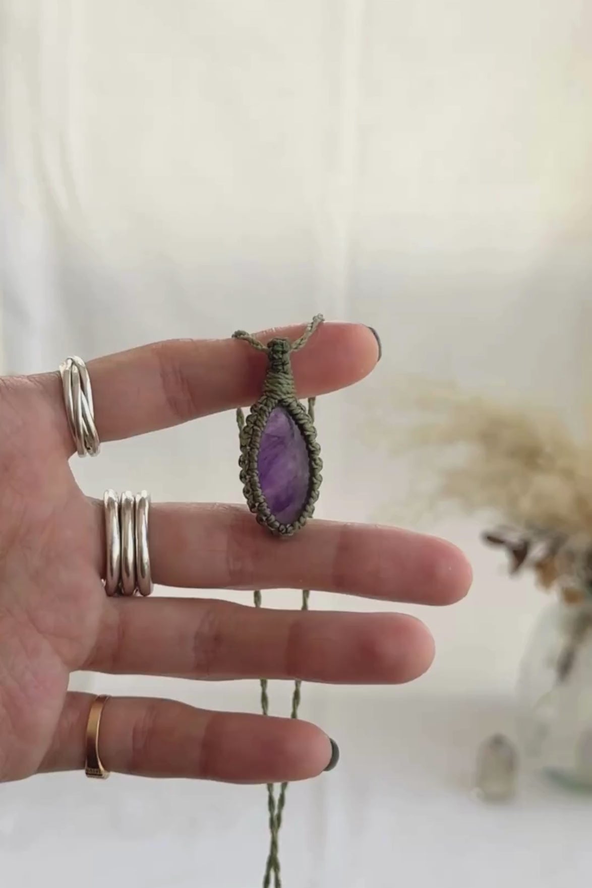 Video of the handmade Amethyst Macrame necklace, highlighting the vibrant tones of the gemstone and the lightweight, minimalist macrame design.