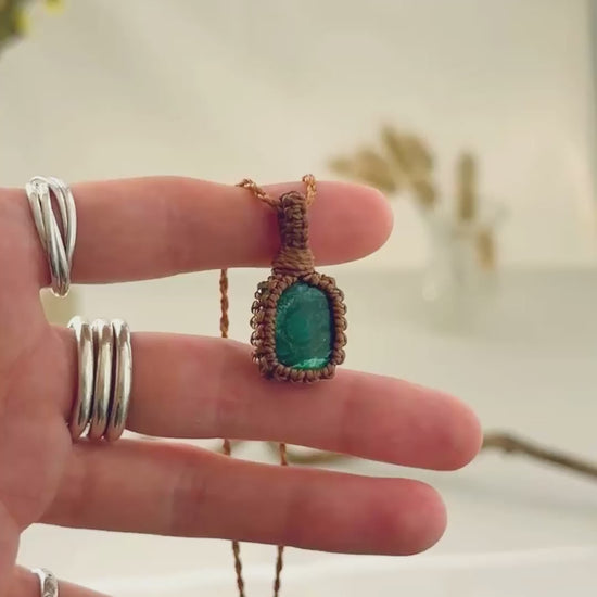 Handmade Malachite macramé necklace showing natural gemstone details, texture and shine