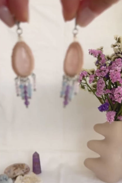 Handmade Rose Quartz Drop Hoop Earrings with Cascading Crystal Beads