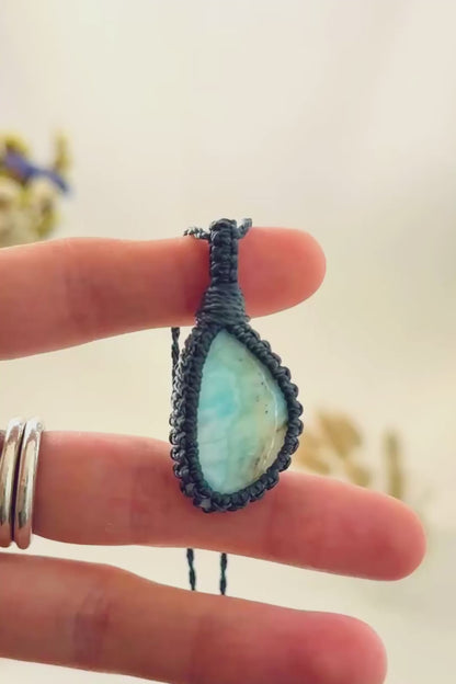 Handmade Larimar macramé necklace showing natural gemstone details, texture and shine