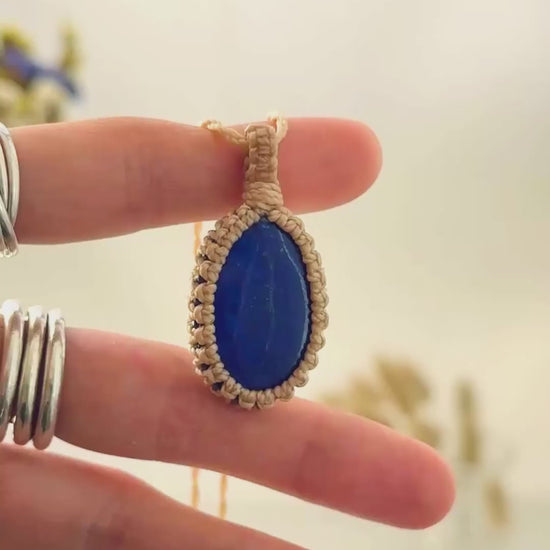 Handmade Lapis Lazuli macramé necklace showing natural gemstone details, texture and shine
