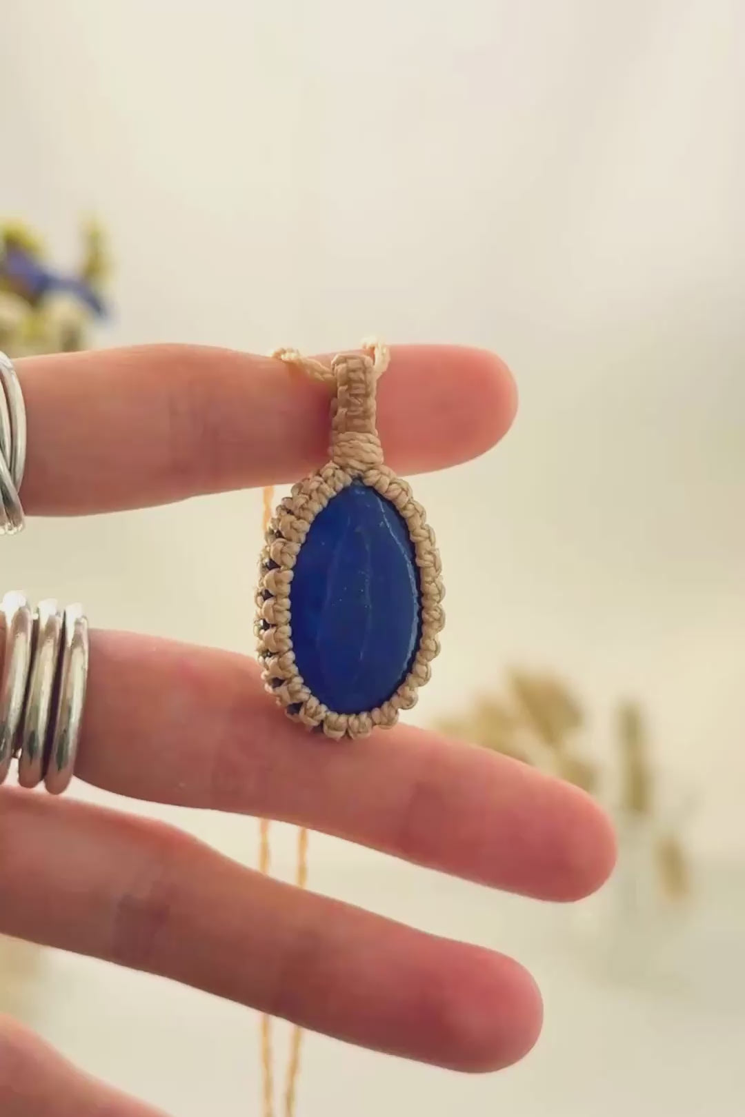 Handmade Lapis Lazuli macramé necklace showing natural gemstone details, texture and shine