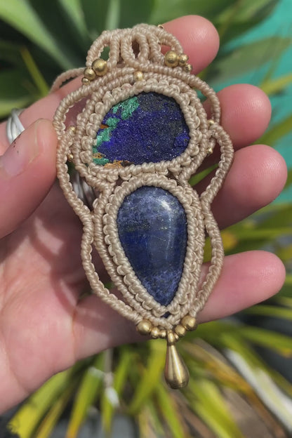 Close-up video of a handmade gemstone necklace, capturing the natural shine and intricate details of Raw Azurite and Lapis Lazuli. The unique design and polished gemstones reflect the light beautifully, highlighting the craftsmanship and one-of-a-kind artistry.