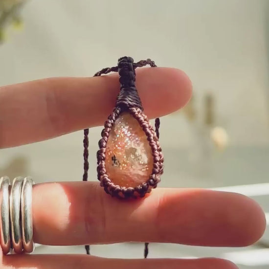 Handmade Sunstone macramé necklace showing natural gemstone details, texture and shine