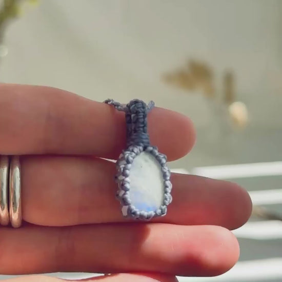 Handmade Moonstone macramé necklace showing natural gemstone details, texture and shine