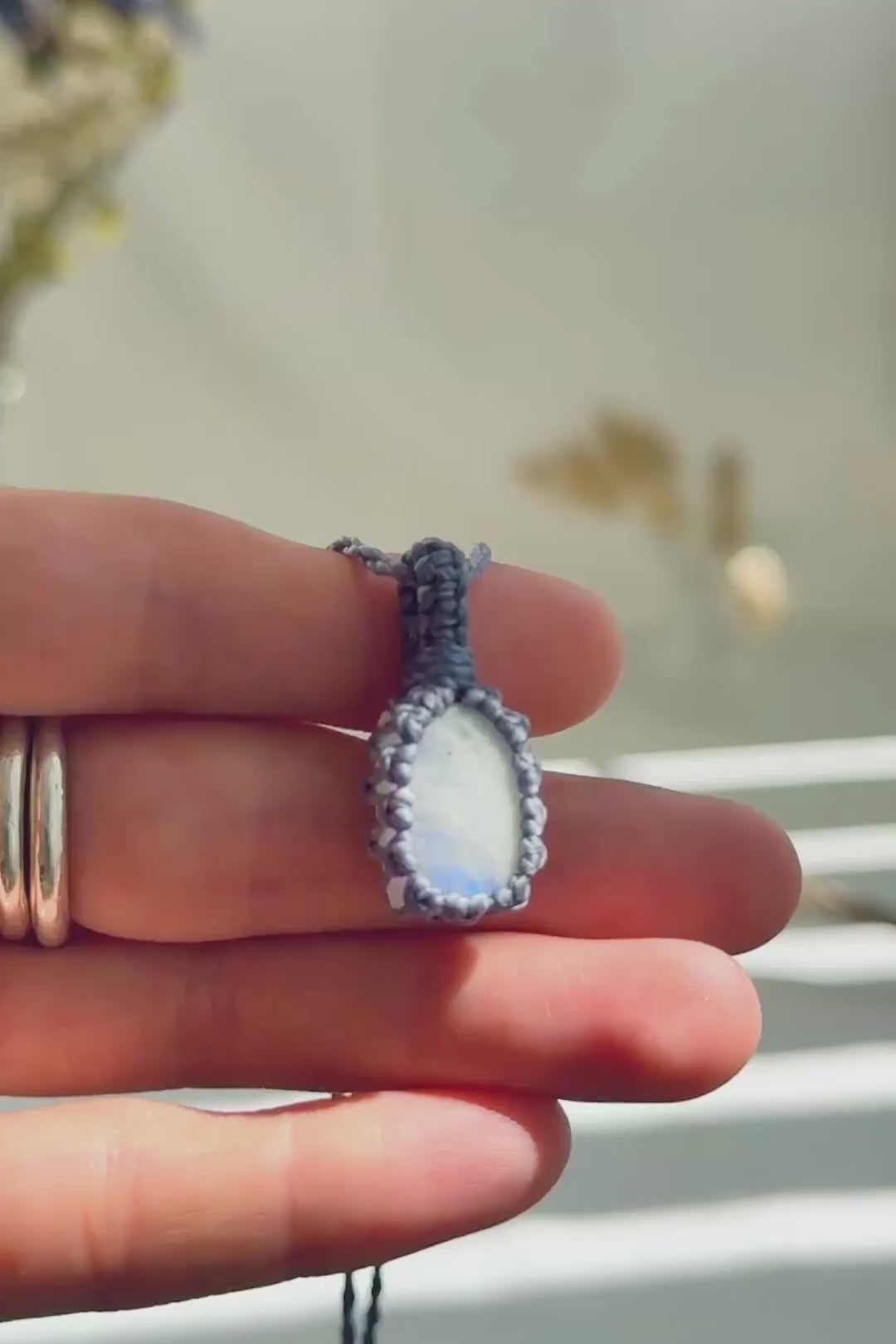 Handmade Moonstone macramé necklace showing natural gemstone details, texture and shine