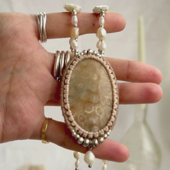 Fossil Coral and Freshwater Pearl Luxury Necklace with Solar Agate showcasing natural fossil details and artisan craftsmanship