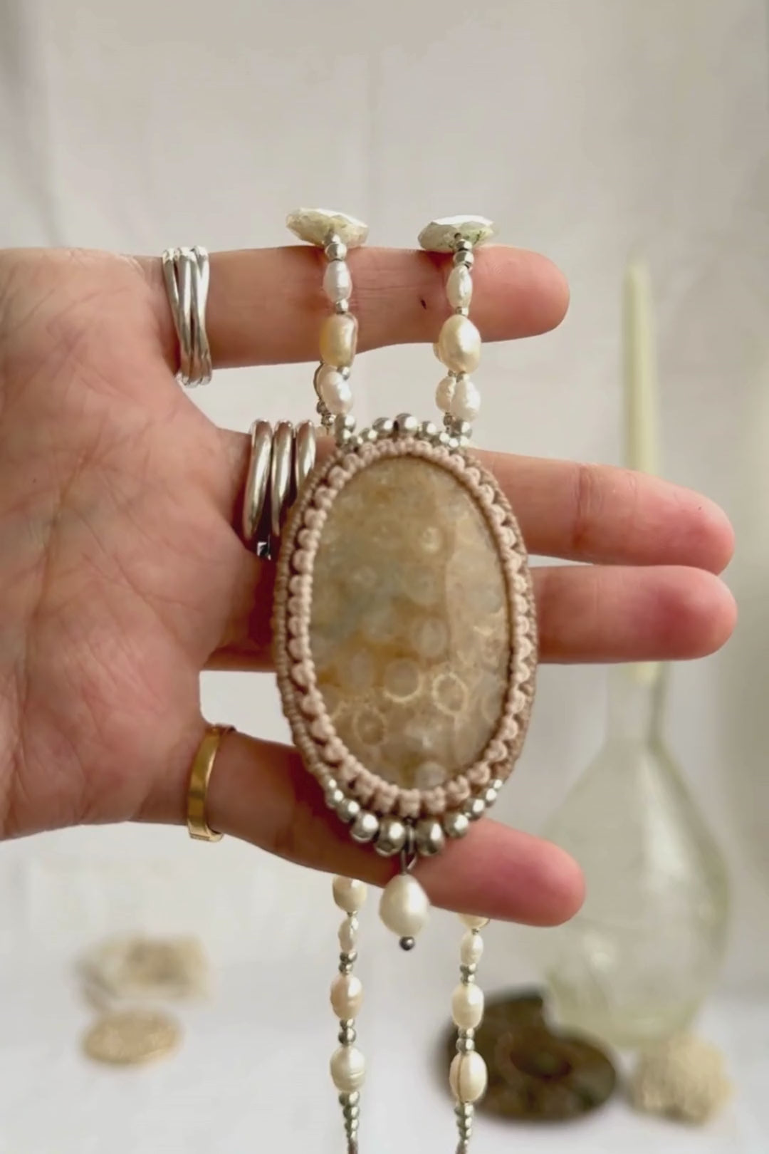 Fossil Coral and Freshwater Pearl Luxury Necklace with Solar Agate showcasing natural fossil details and artisan craftsmanship